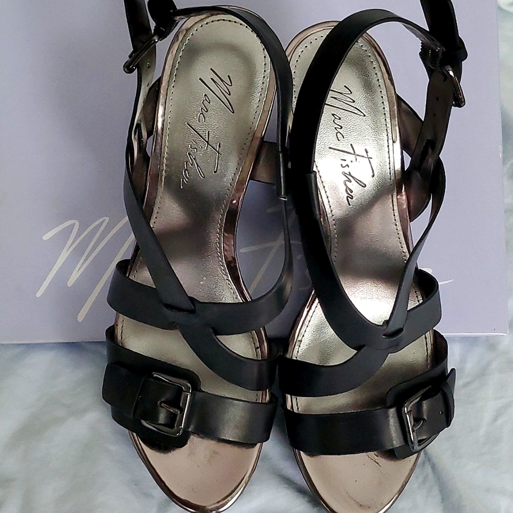Marc Fisher Black Strappy wedge shoe